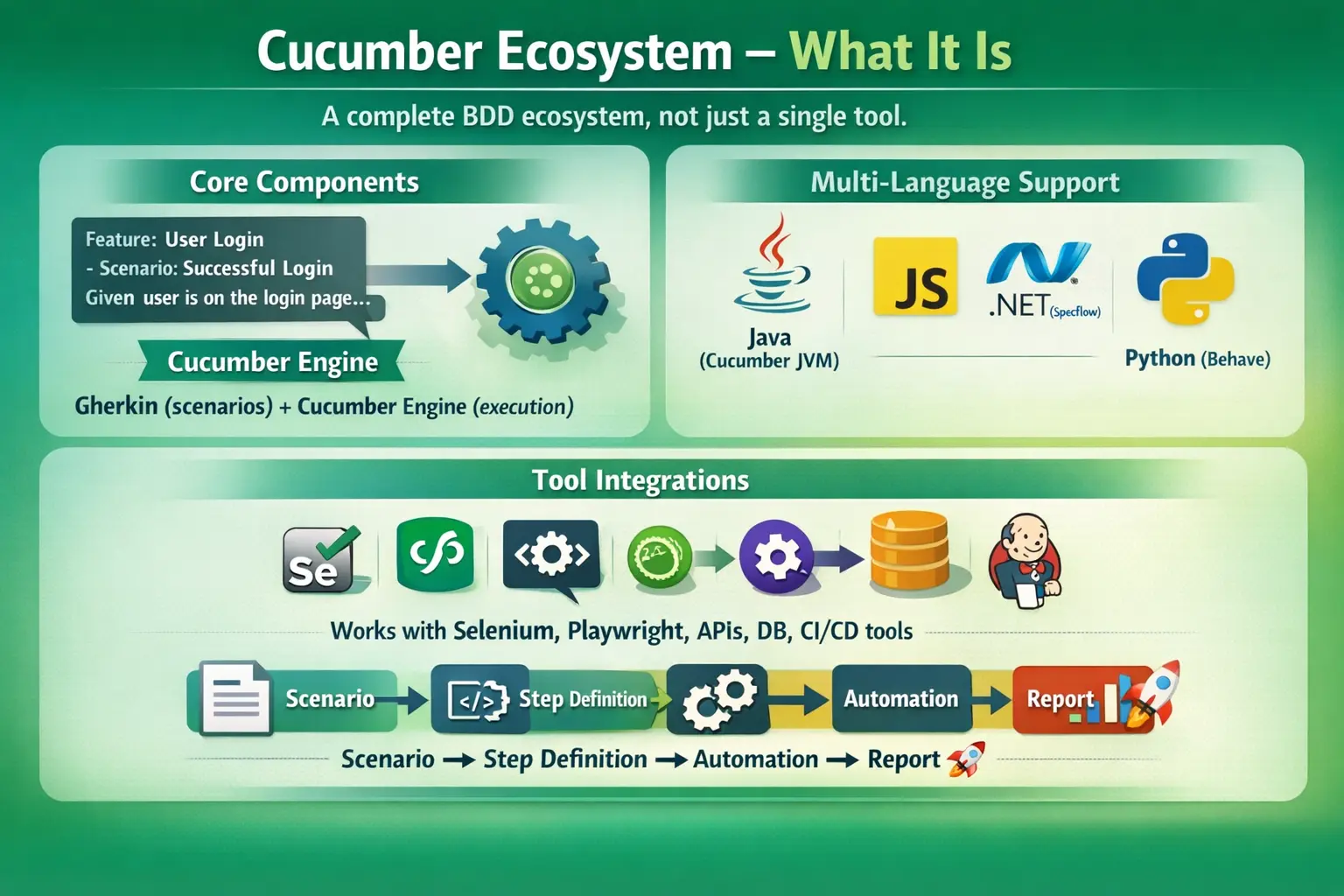 Cucumber ecosystem overview including Gherkin, execution, integrations, and CI/CD