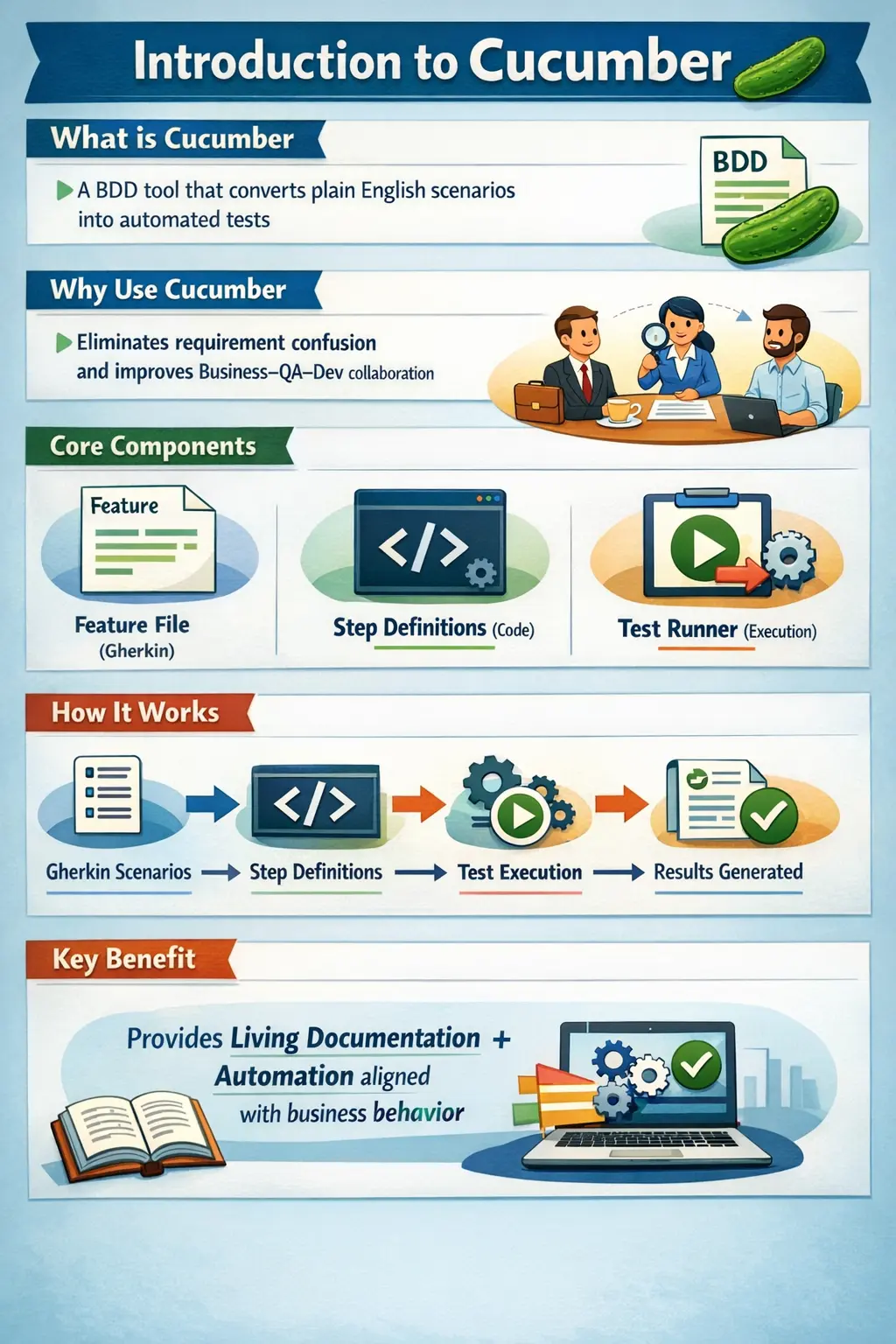 Cucumber BDD workflow connecting plain language scenarios to automation