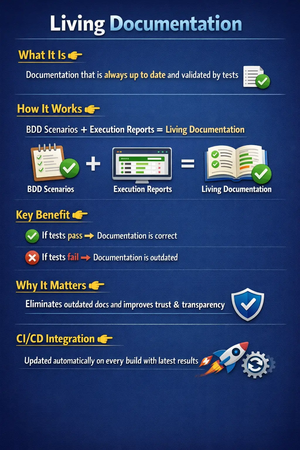 Living documentation concept in BDD with executable scenarios and reports