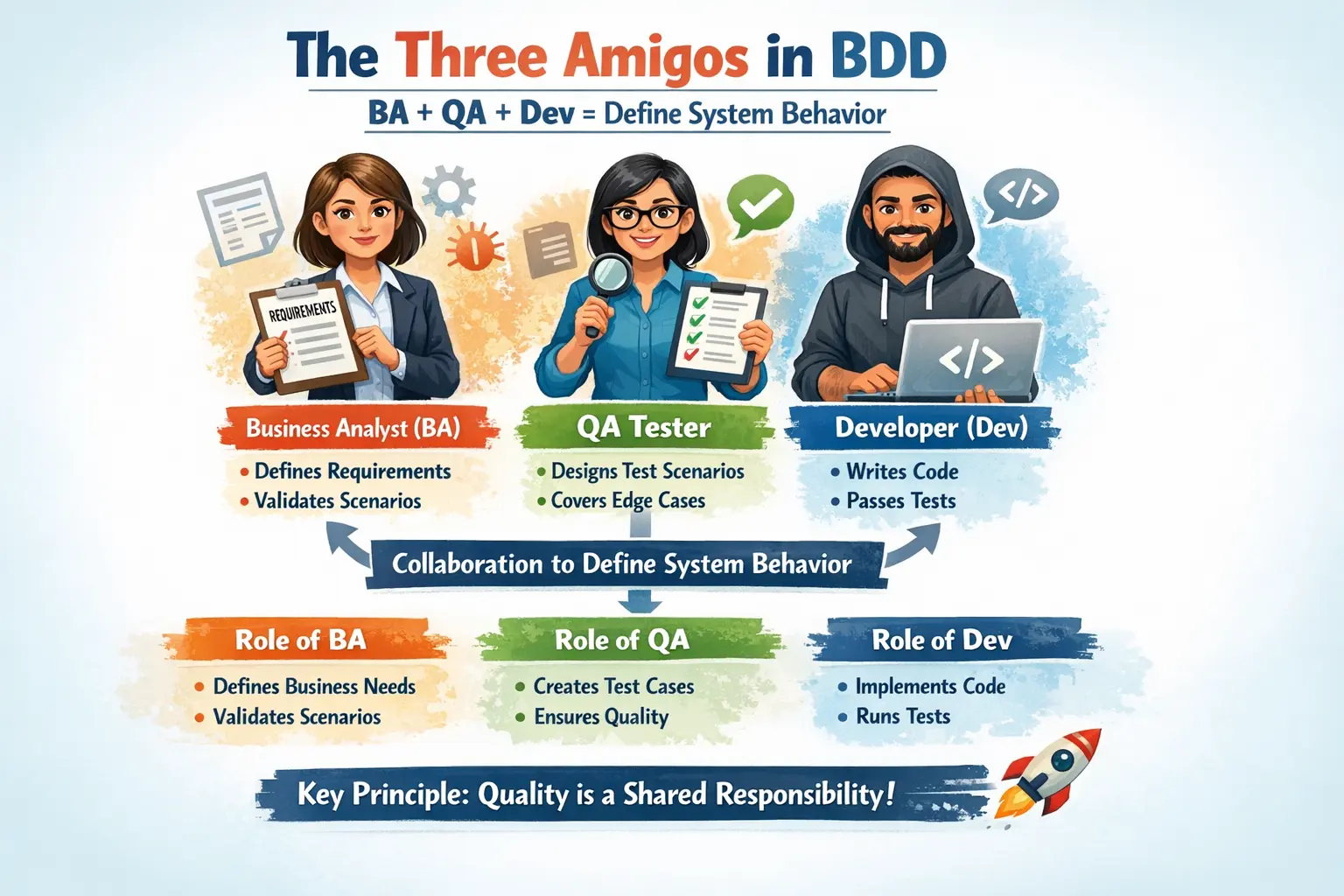 Role of QA, Dev, and BA in BDD collaboration model