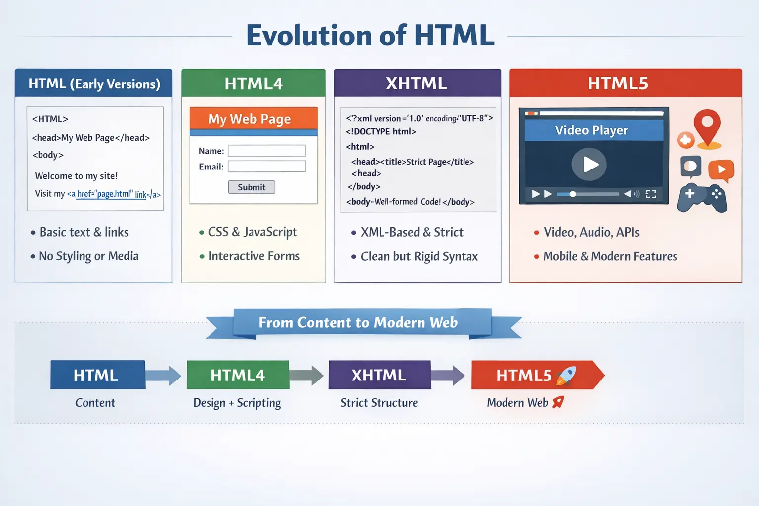 Evolution of HTML (HTML to HTML4 to XHTML to HTML5)