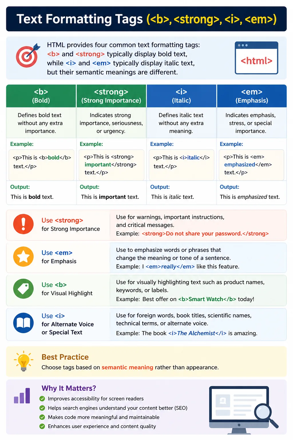 Text Formatting Tags (<b>, <strong>, <i>, <em>)