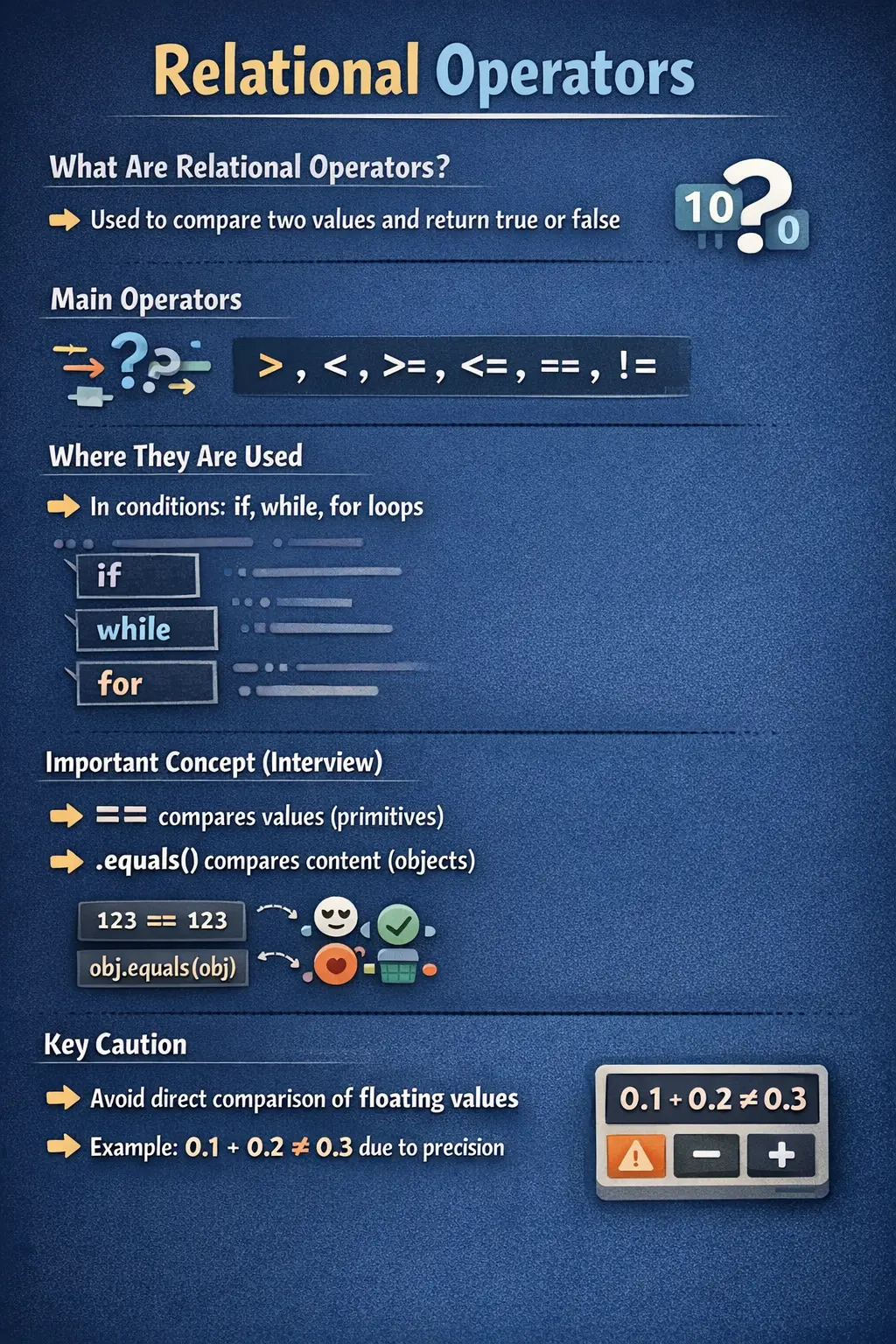 Relational operators in Java diagram for comparison operations and boolean results