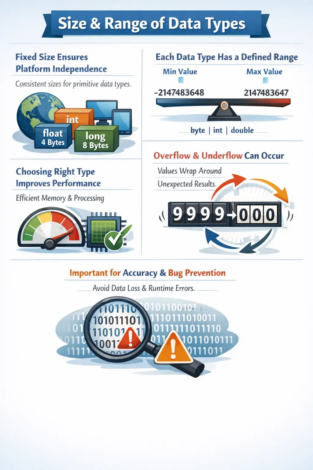 Java size and range of data types reference chart