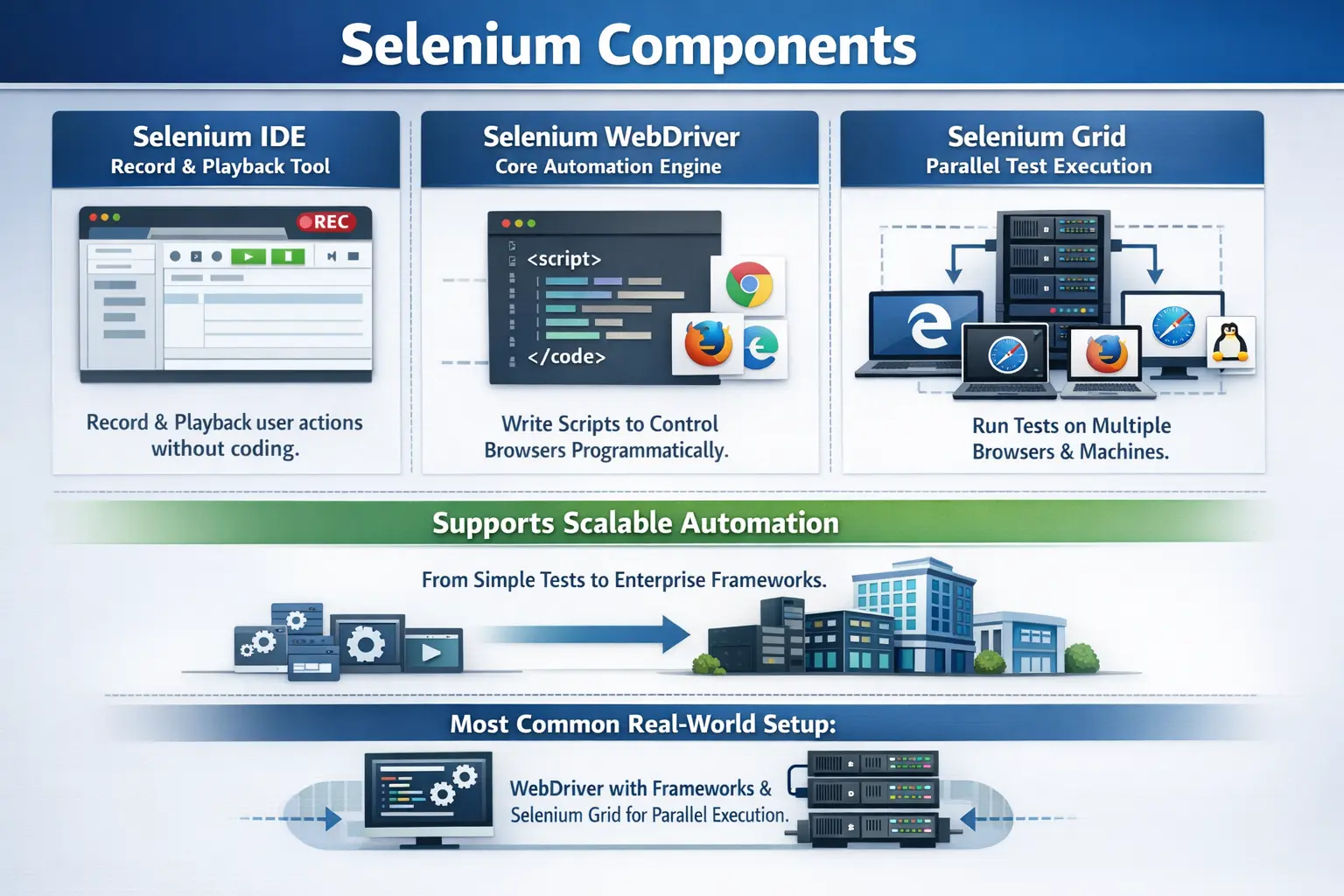 Selenium IDE, WebDriver, and Grid components in the Selenium suite