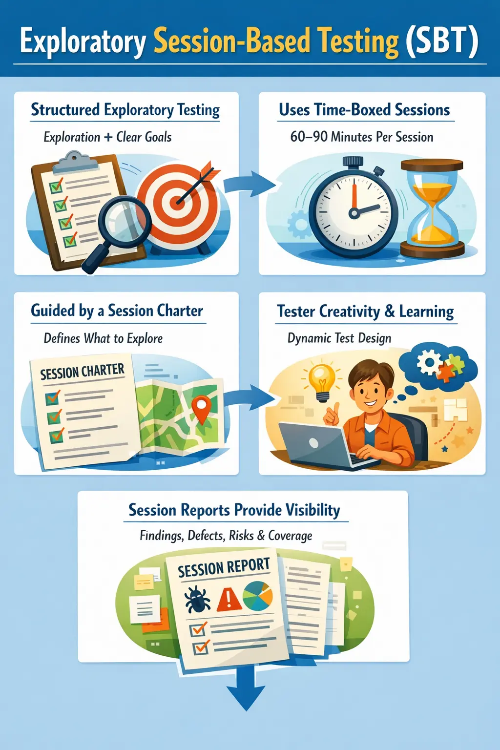 Exploratory session-based testing workflow with charter and findings