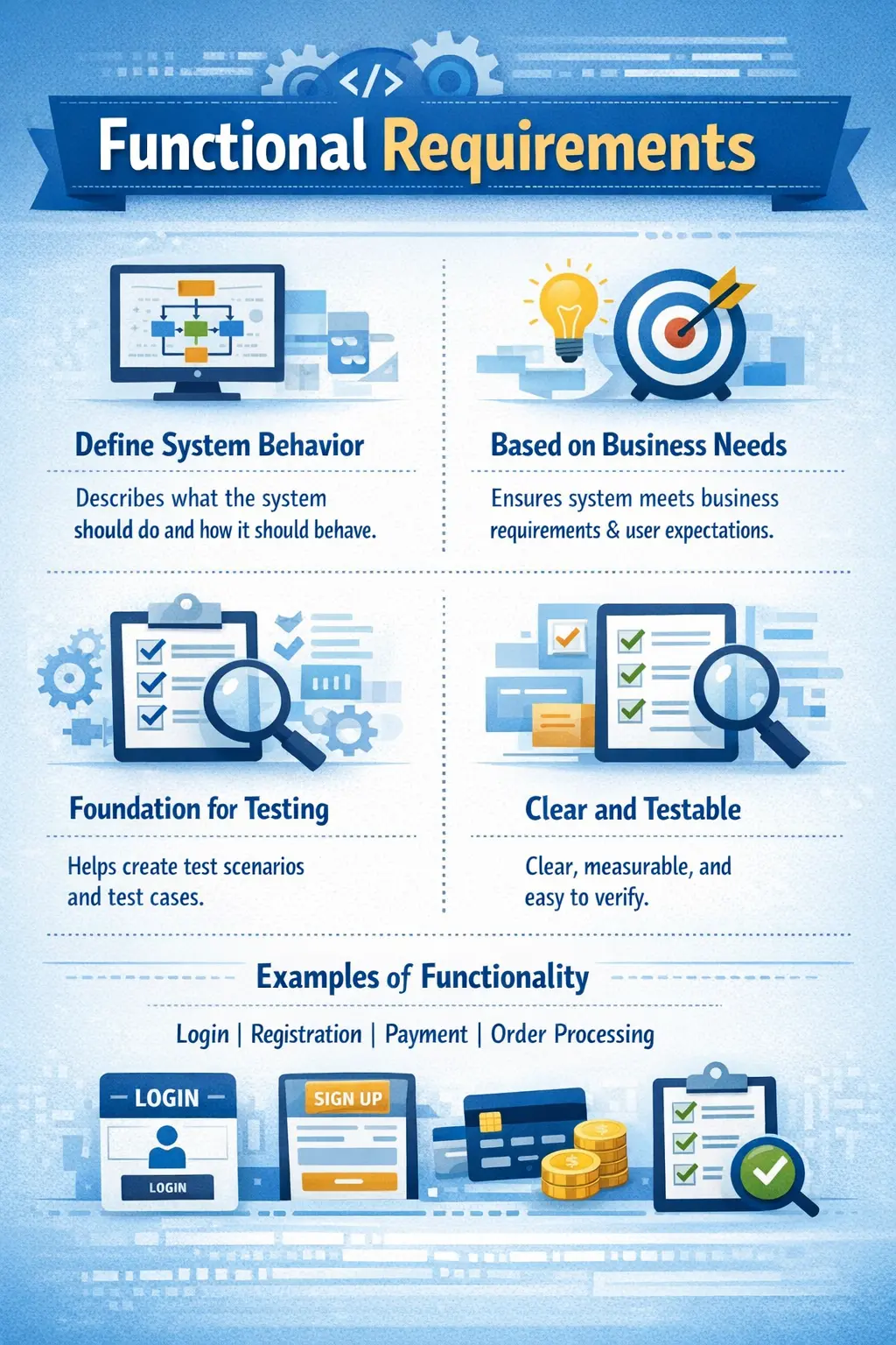 Functional requirements overview showing expected system behaviors and business rules