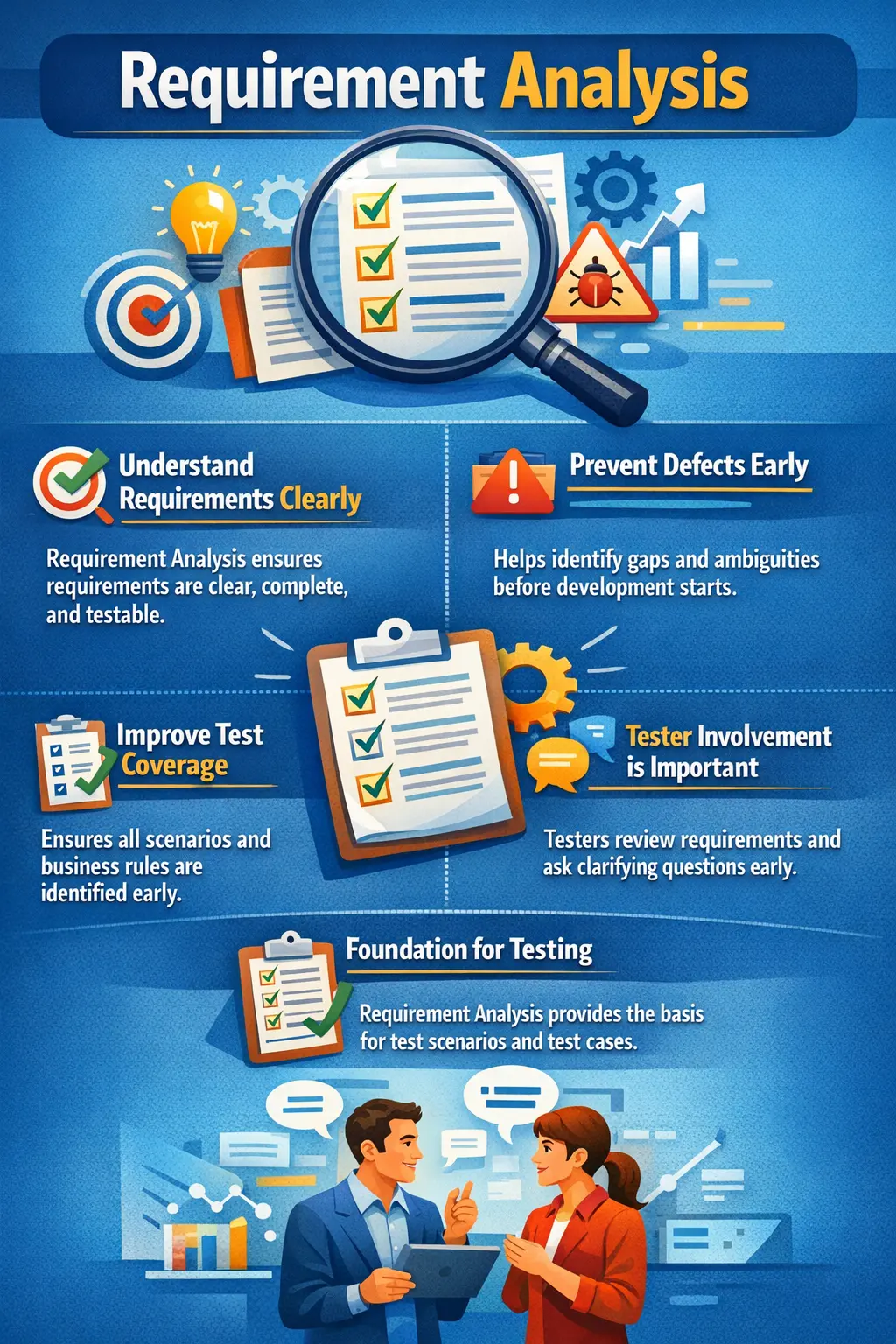Requirement analysis process showing clarity, completeness, and testability checks