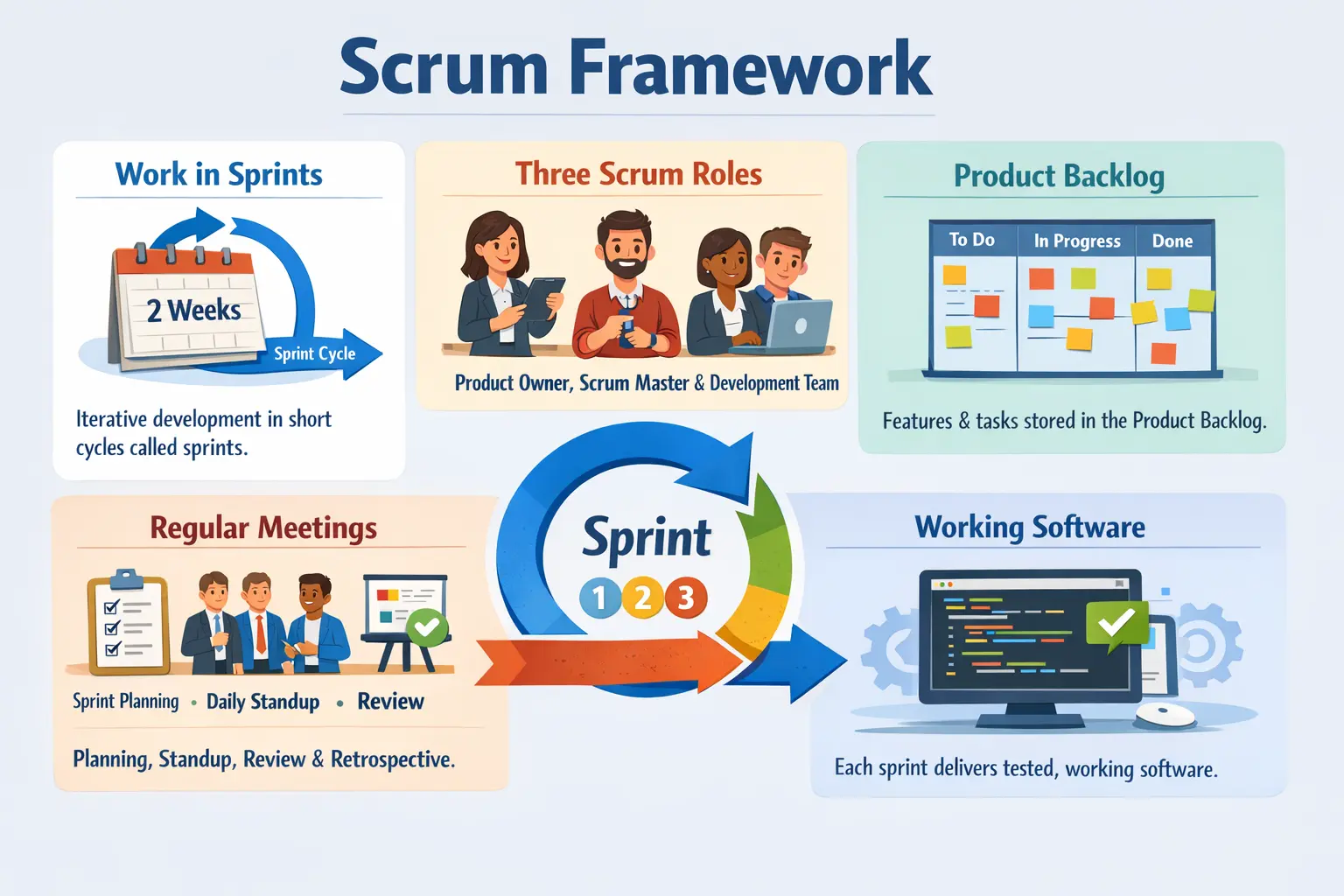 Scrum framework roles events artifacts and workflow overview