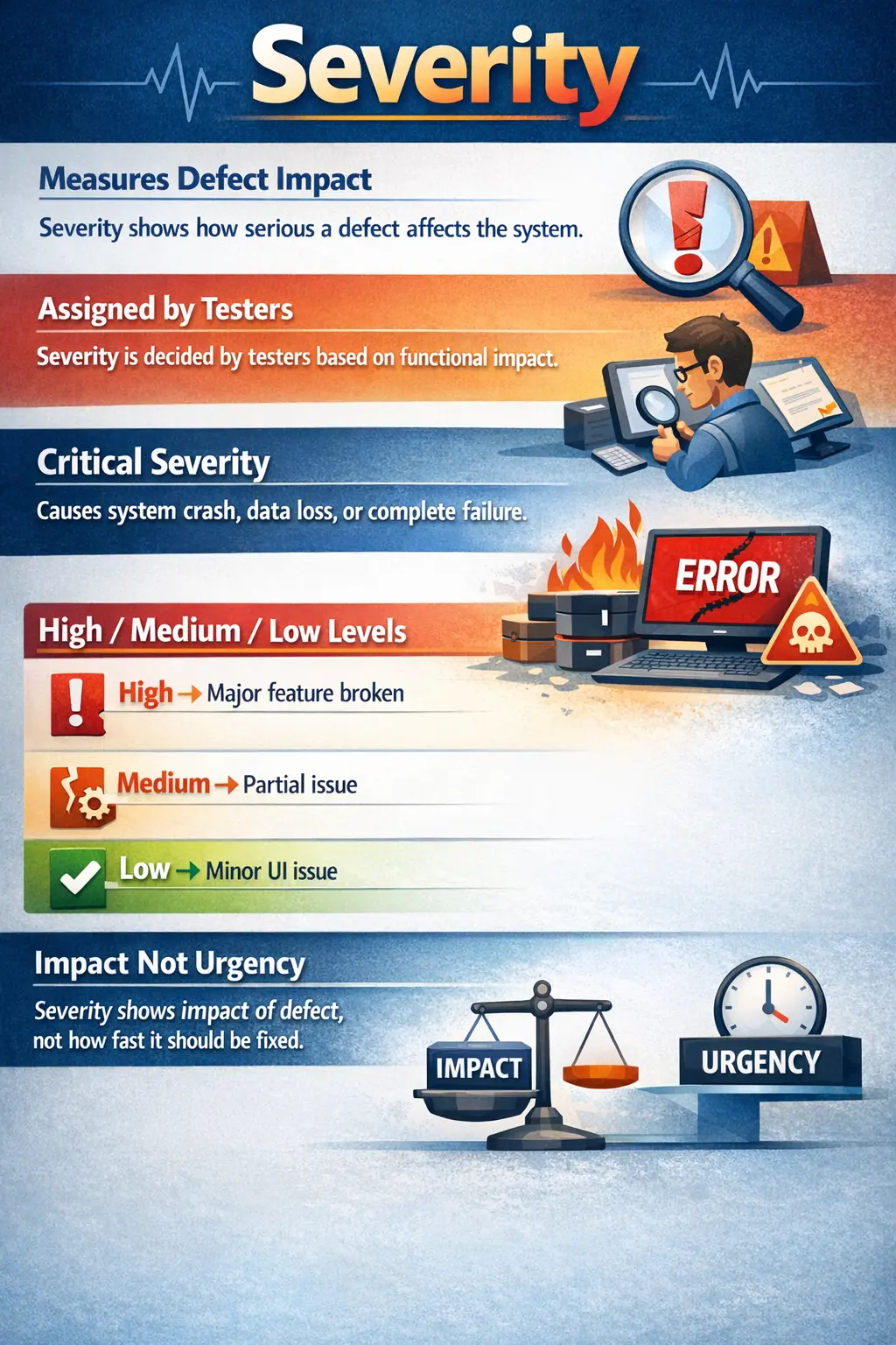 Severity levels showing defect impact on software functionality