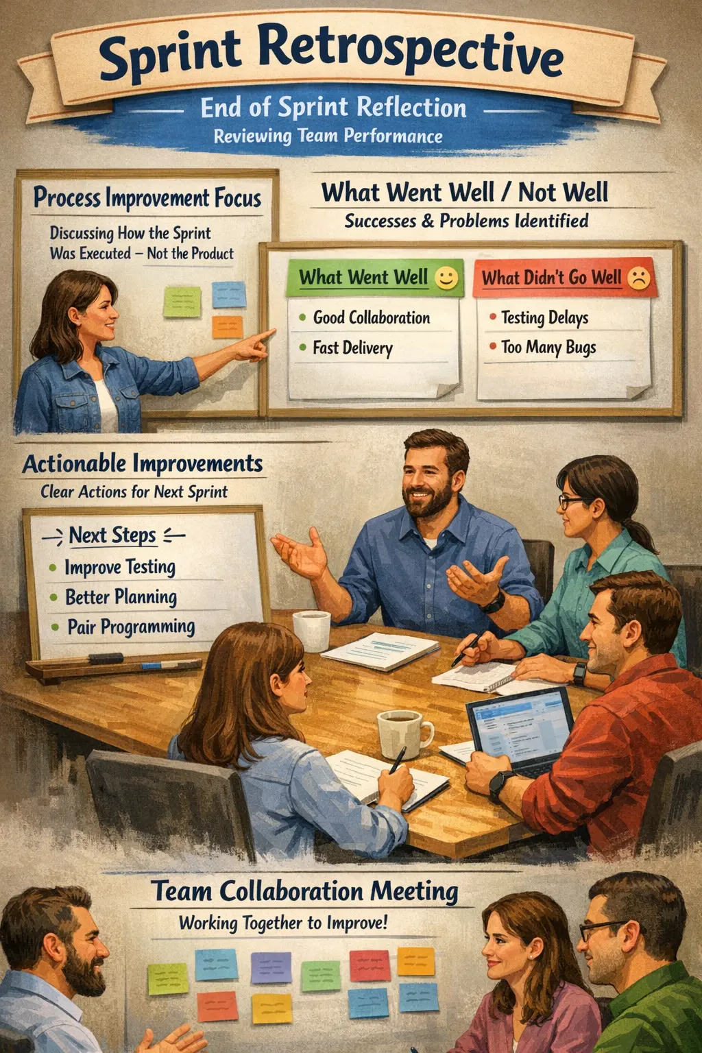 Sprint retrospective process and team improvement workflow overview