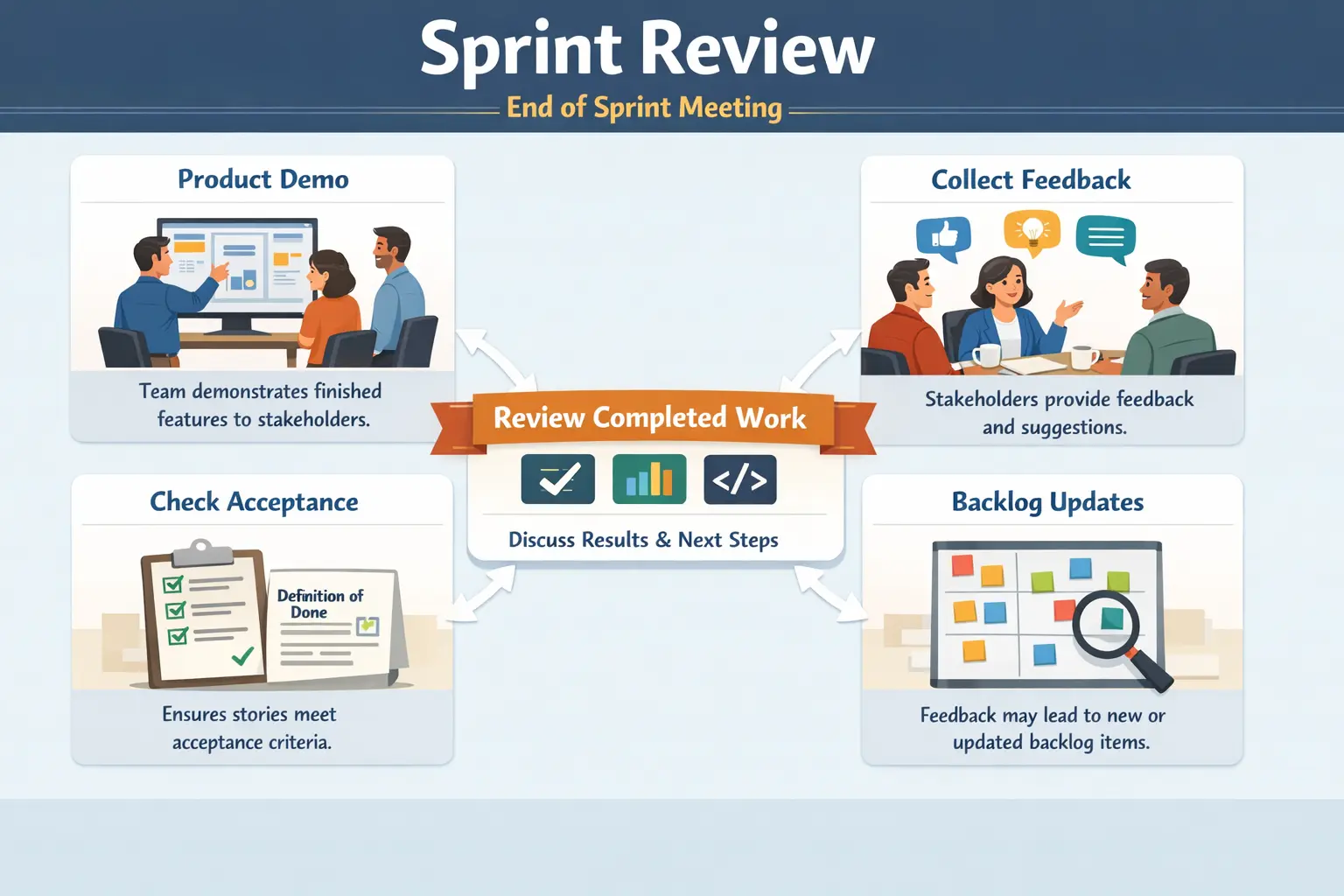 Sprint Review process and stakeholder feedback session overview