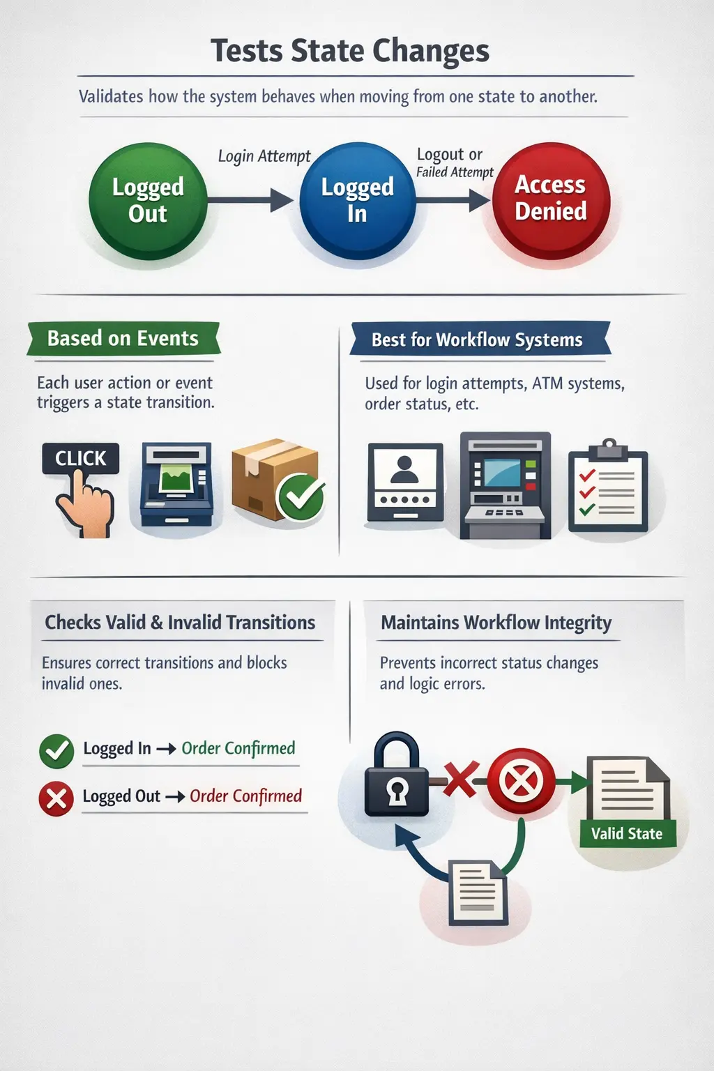 State transition testing workflow and status change coverage diagram