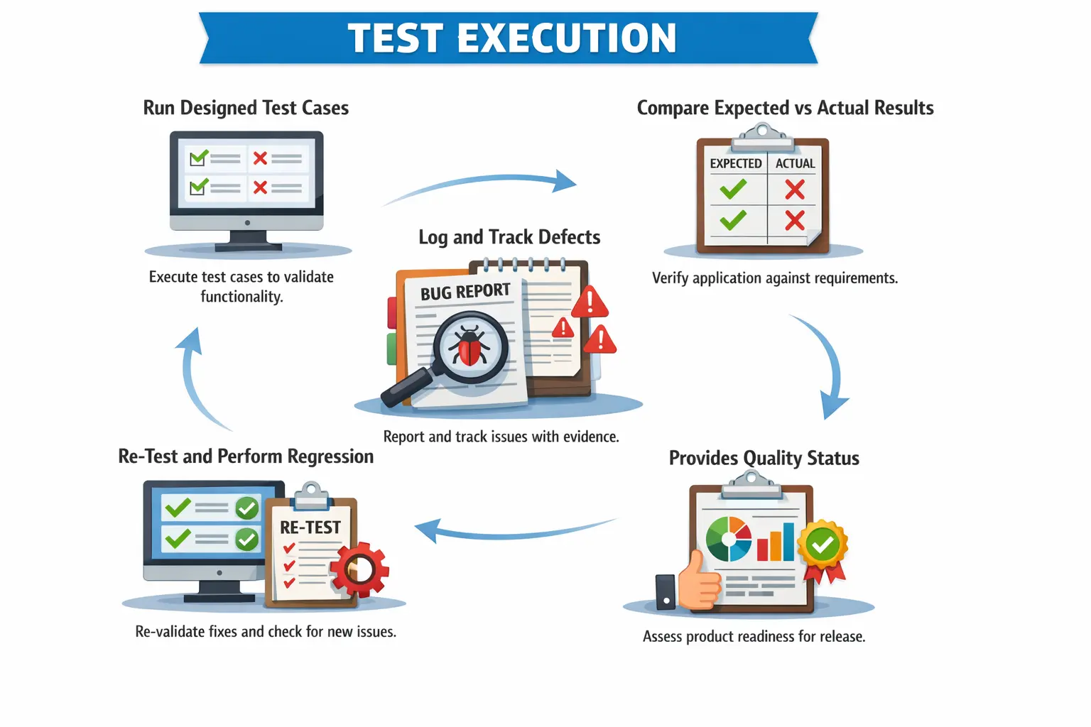 Test execution workflow with test runs, results, and defect logging