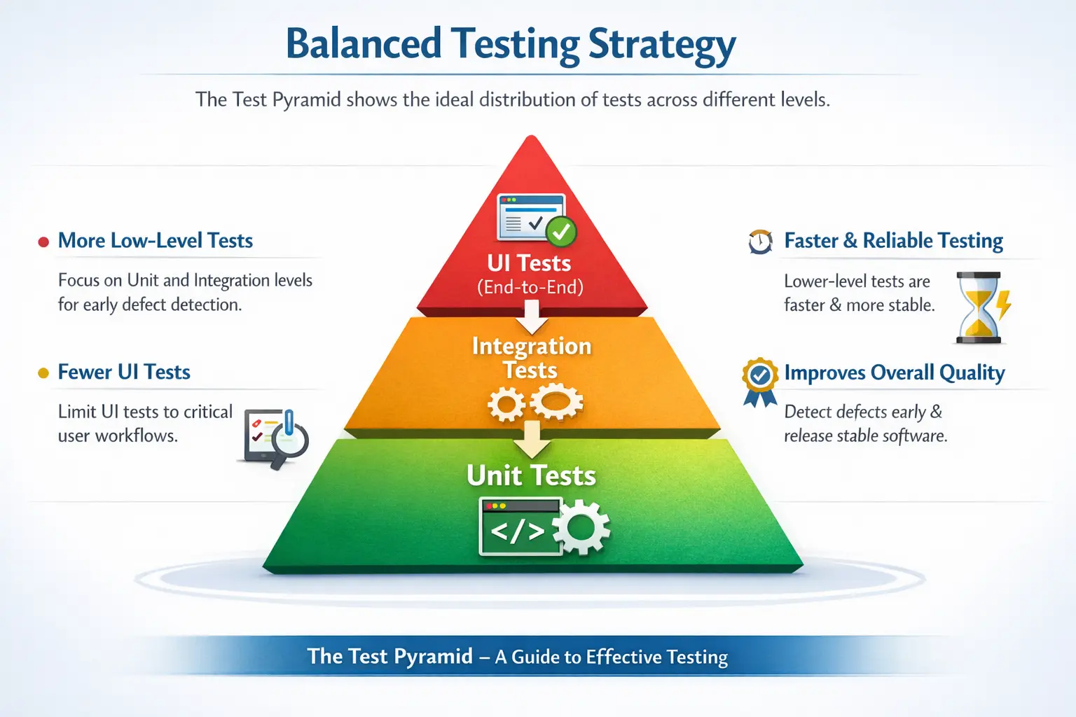 Test pyramid levels and balanced testing strategy overview